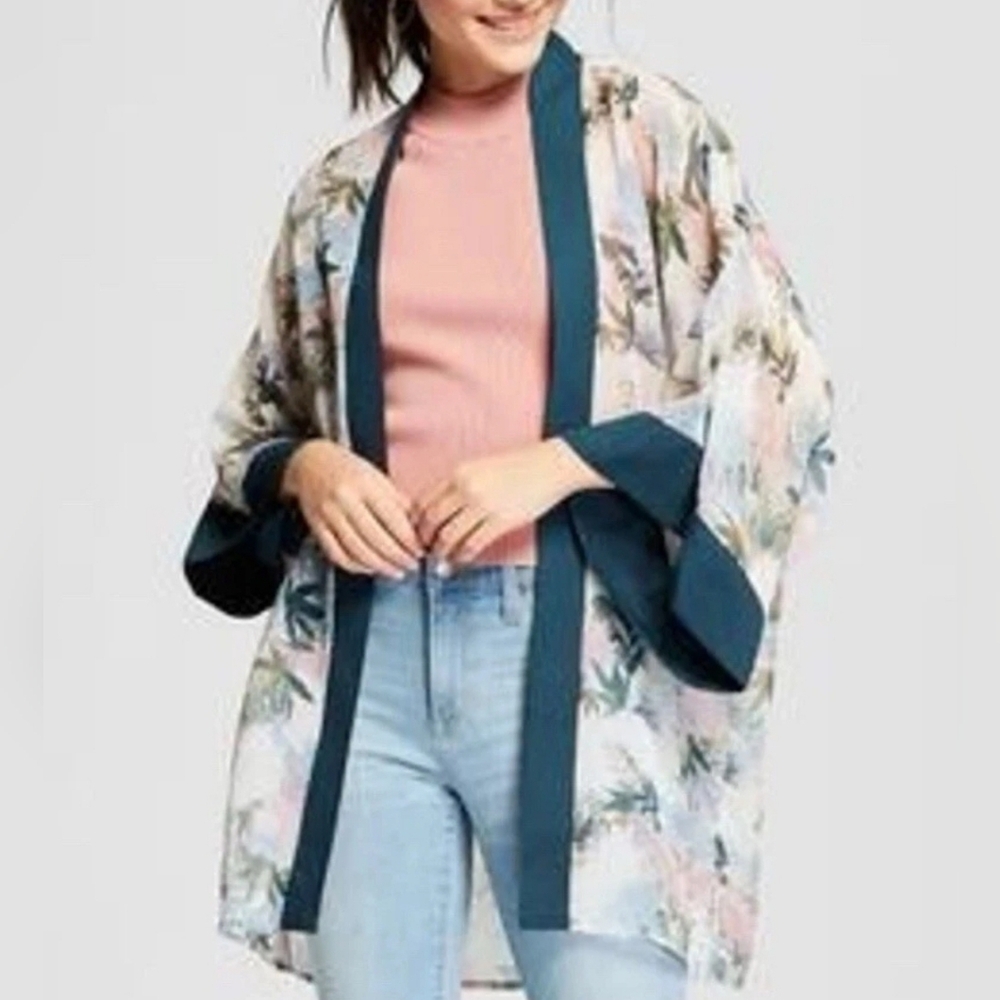Xhilaration Floral Kimono Cardigan with Teal Trim Size XL / XXL